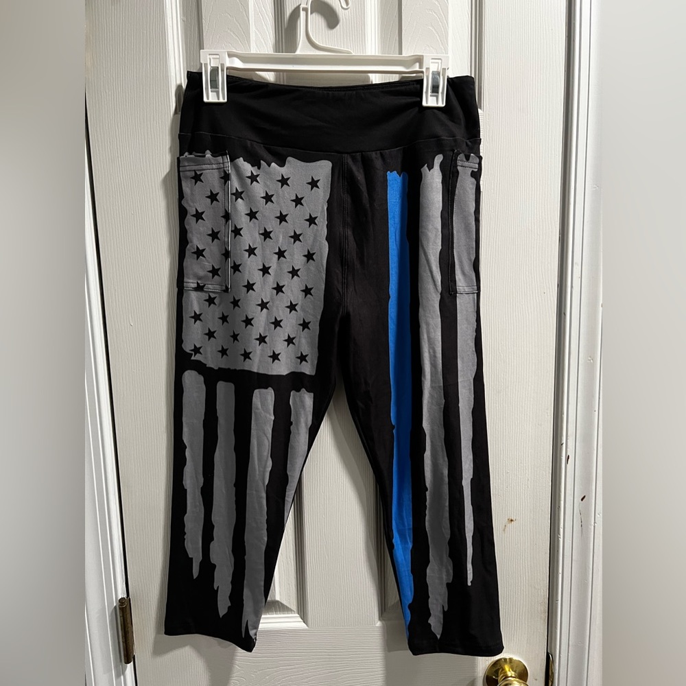 Amelia Rose Yoga Pants Thin Blue Line Pattern OS Black/Gray Blue
